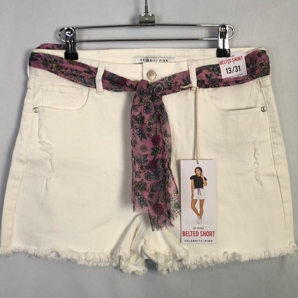 Celebrity Pink Hi Rise Belted Short White Distressed Jean  Size 13/31 - Picture 1 of 10